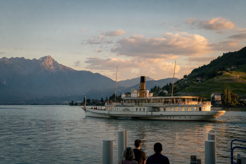 A Belle Époque paddle steamer on Lake Geneva off Montreux in summer, the Alps across the water and vineyard slopes on the shore