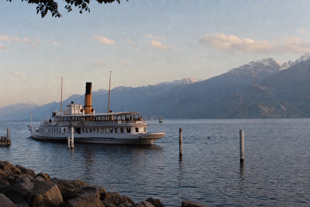 A CGN Riviera cruise boat off Montreux on Lake Geneva, the Alps rising across the water