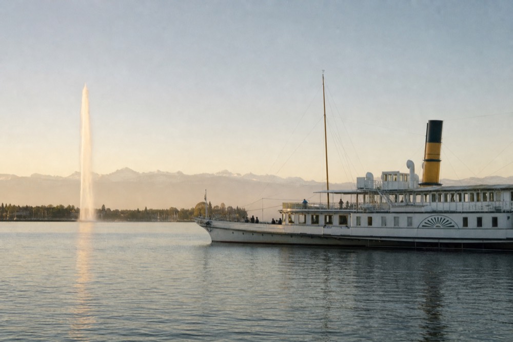 A CGN cruise boat off Geneva near the Jet d'Eau on Lake Geneva, the Alps faint across the water