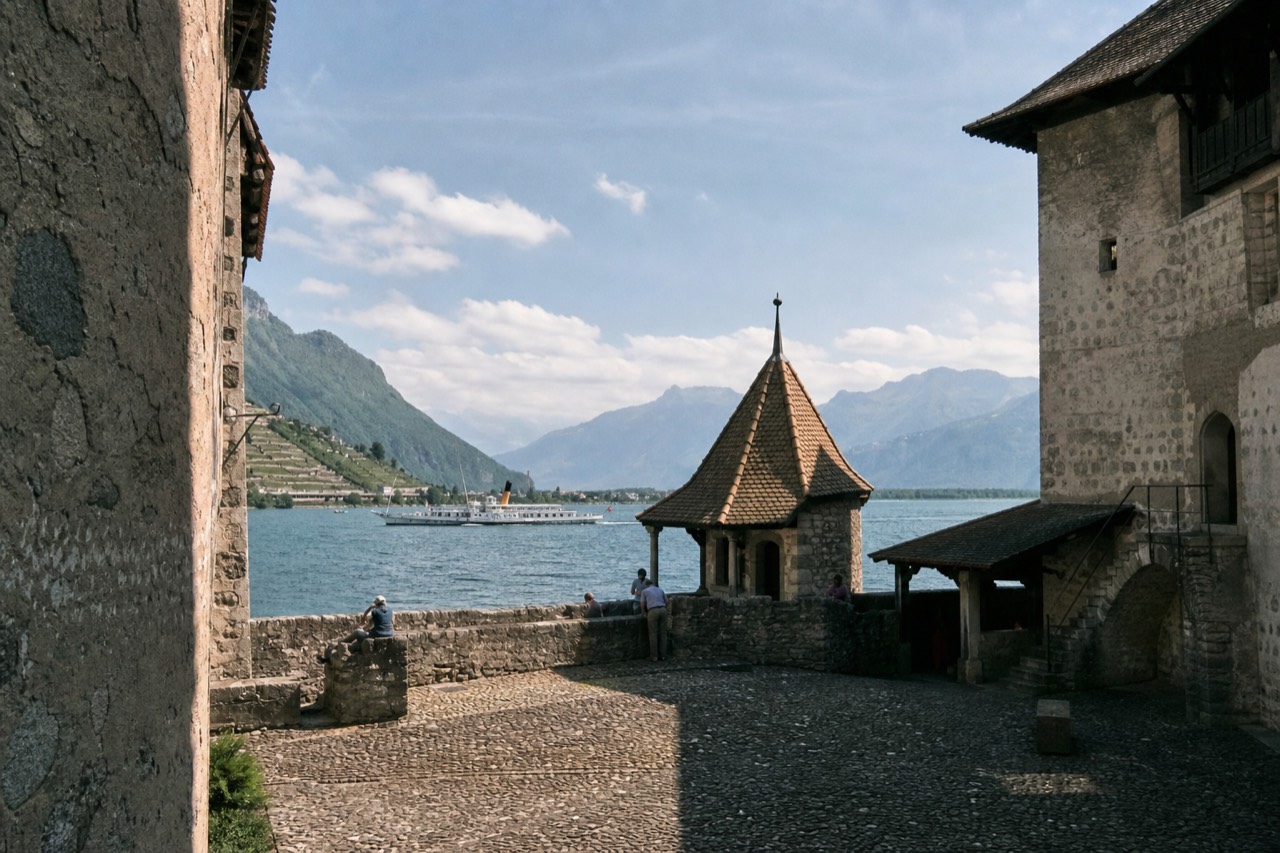 The lakeside courtyard and towers inside Château de Chillon near Montreux on Lake Geneva, stone walls open to the water and the Alps beyond