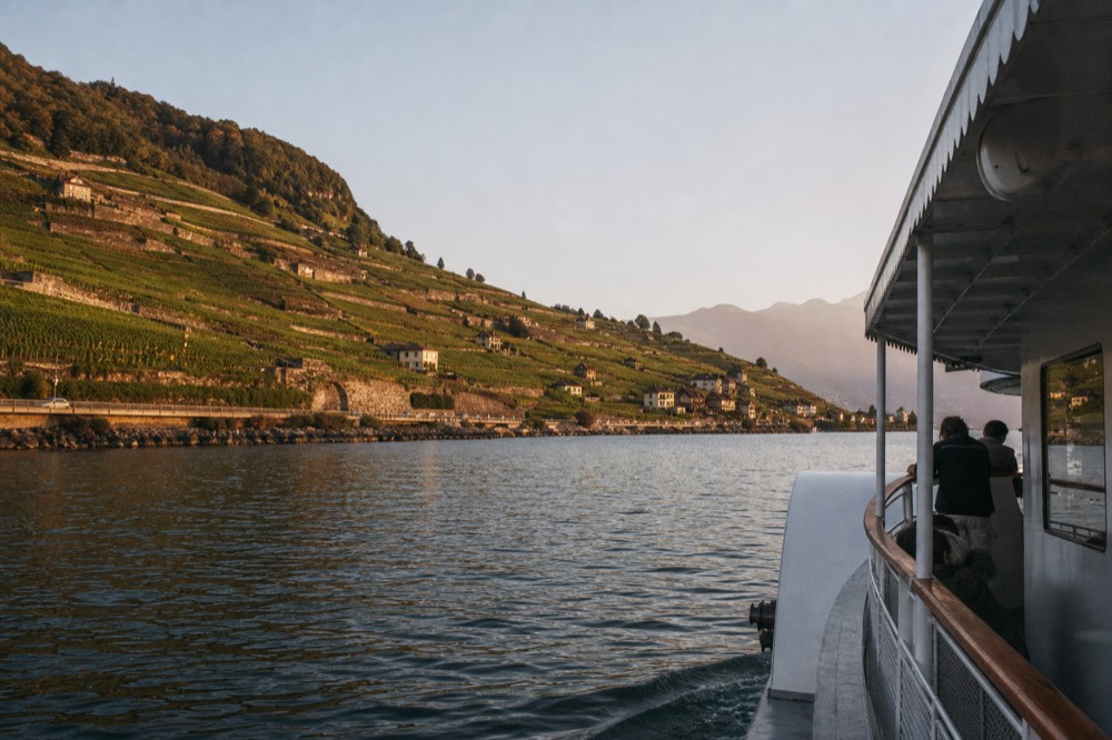 Vineyard terraces of Lavaux above Lac Léman seen from the water, stone walls and vines dropping toward the lake