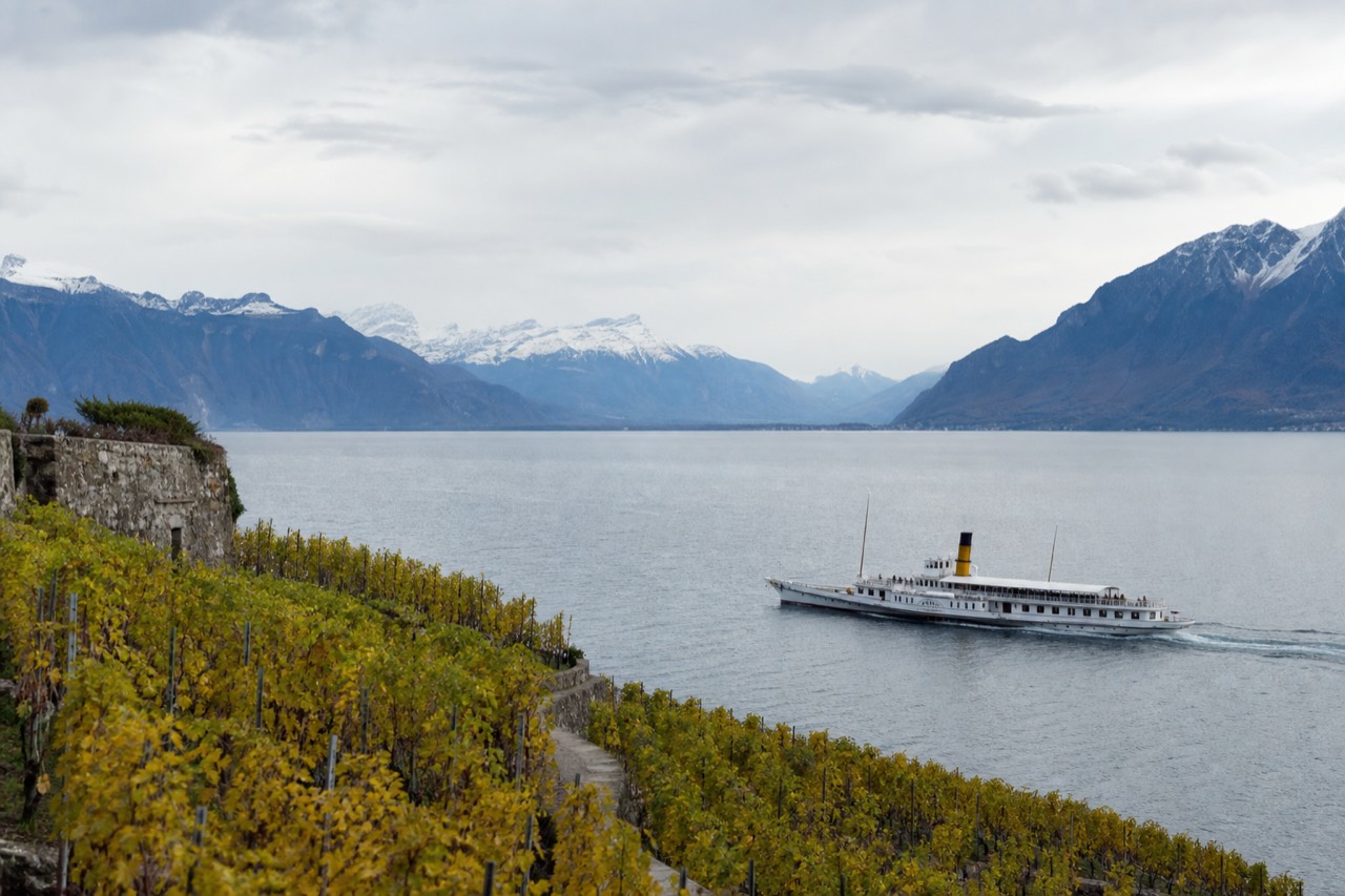 A CGN cruise boat on Lake Geneva off Montreux, vineyard terraces on the shore and the Alps across the water