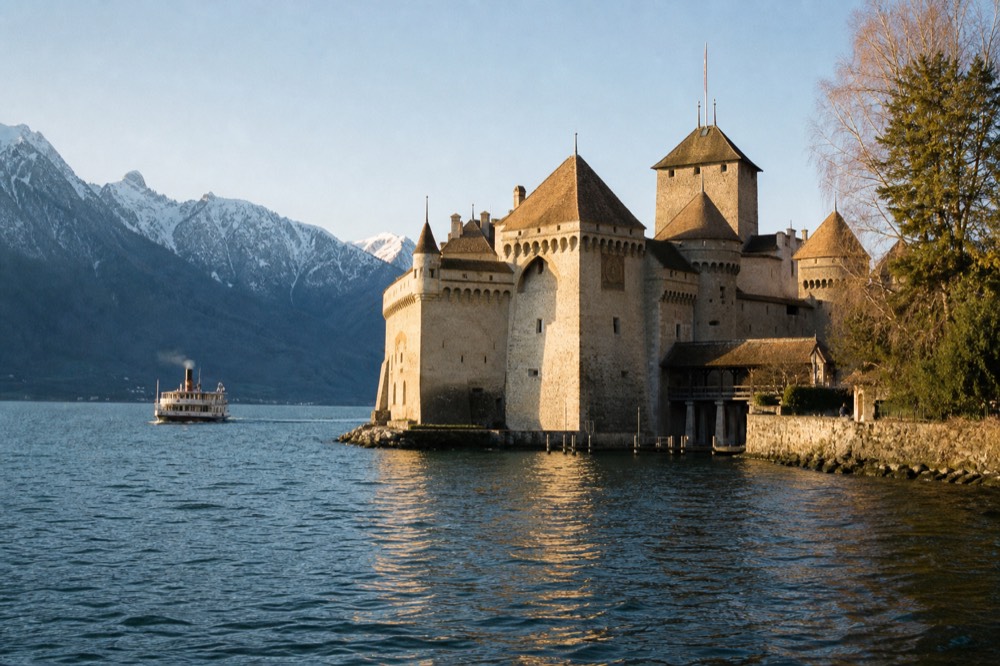 Château de Chillon at golden hour from the water near Veytaux, warm light on the stone towers with the Lavaux vineyard slopes behind