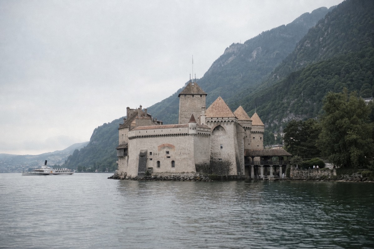 Chateau de Chillon seen from the water on Lake Geneva, the medieval lakeside castle with the Alps rising behind