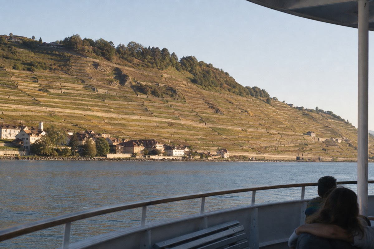 A boat passing the Lavaux vineyard terraces on Lake Geneva, stone-walled rows climbing the hillside above the water