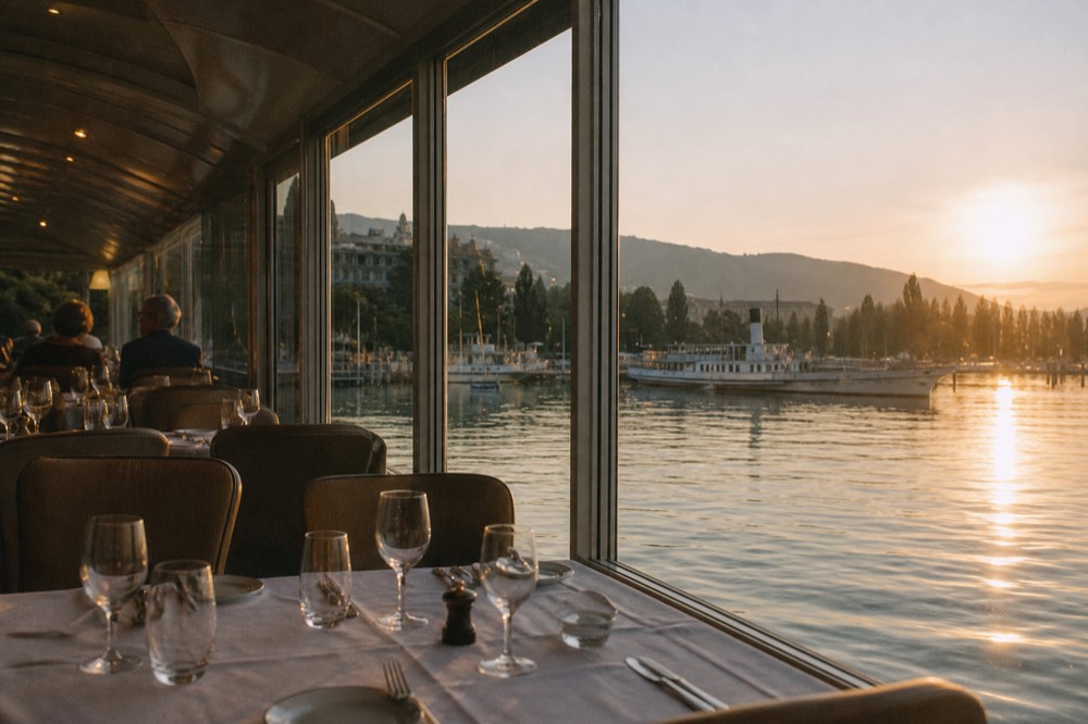 Tables set for dinner in the saloon of a cruise boat on Lac Léman, the Geneva shoreline through the windows