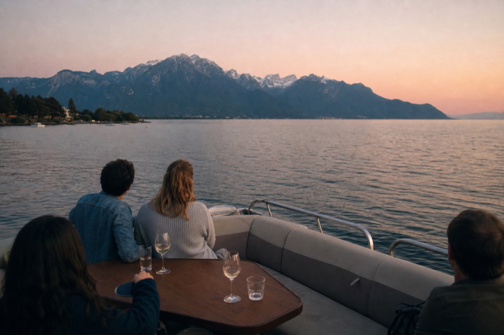 A small open pontoon boat on Lac Léman off Geneva at golden hour, glasses of wine on the table, the Alps across the water