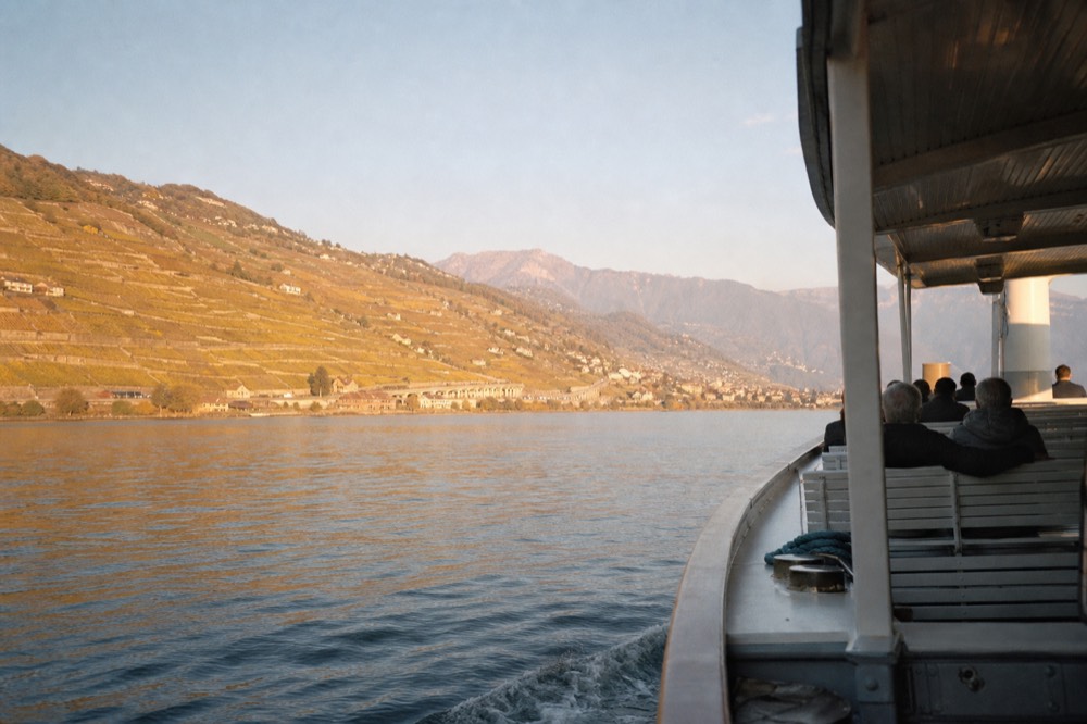 The Lavaux vineyard terraces along the northern shore of Lake Geneva seen from a scheduled boat
