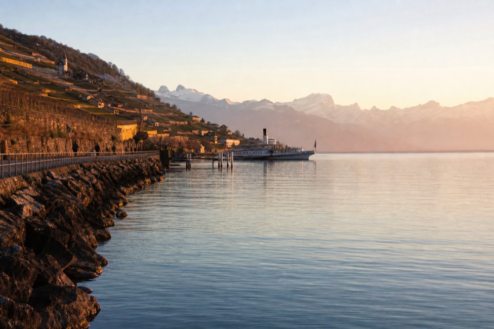 The Lavaux UNESCO vineyard terraces climbing from the shore of Lake Geneva east of Lausanne-Ouchy