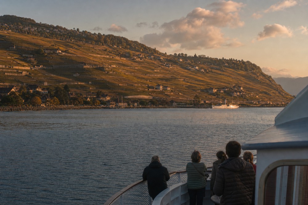 The Lavaux UNESCO vineyard terraces seen from the deck of a three-hour cruise on Lake Geneva near Lausanne