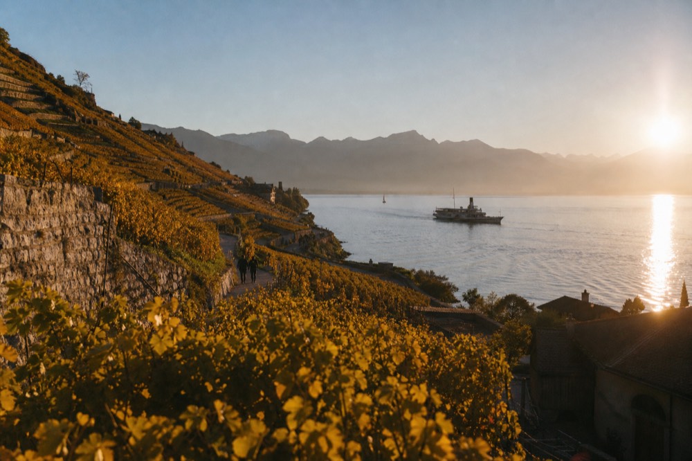 Lavaux vineyard terraces in autumn colour above Lac Léman near Epesses, low sun over the water