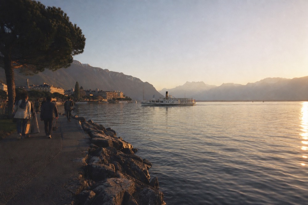 The Montreux lakefront promenade on Lake Geneva under warm evening light with the Alps across the water