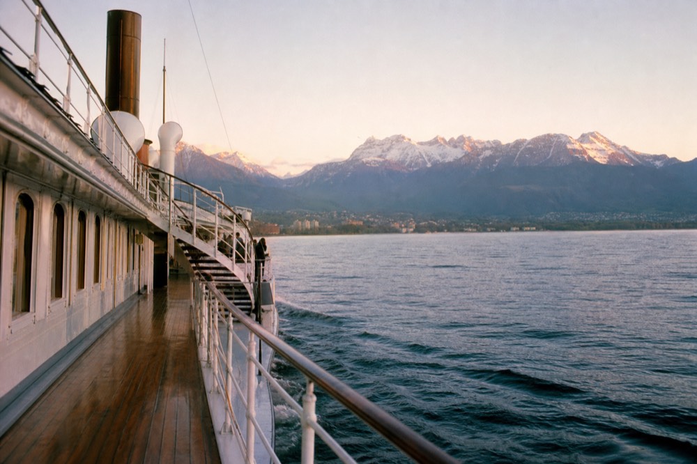 The varnished upper deck of a Belle Époque paddle steamer on a Riviera cruise on Lake Geneva near Montreux