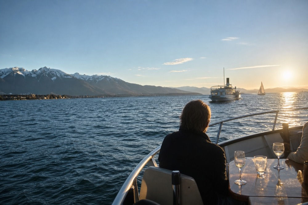 A small open charter boat on Lac Léman off Geneva at golden hour, wine glasses on the table, low sun on the water