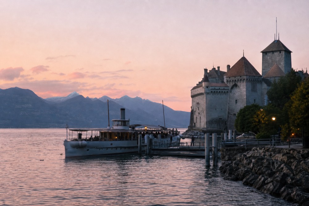 A CGN boat at the Château de Chillon landing stage on Lake Geneva, the medieval castle rising off the shore