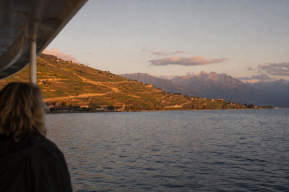 The Lavaux vineyard terraces west of Vevey on Lake Geneva seen from a cruise boat, the Alps across the water
