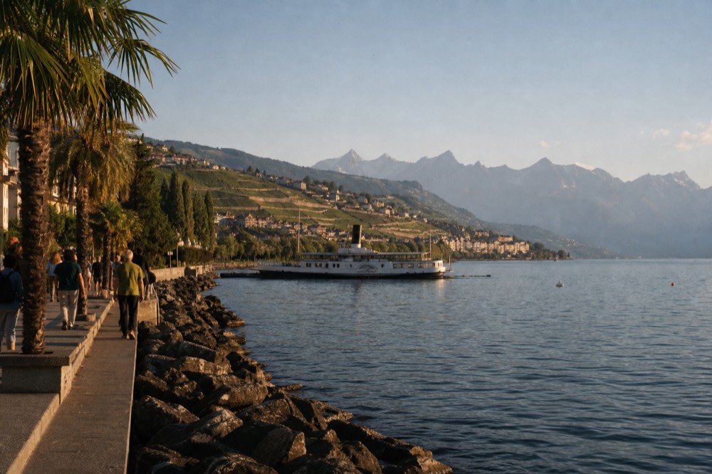 The palm-lined Montreux promenade on Lake Geneva east of Vevey with the Alps across the water
